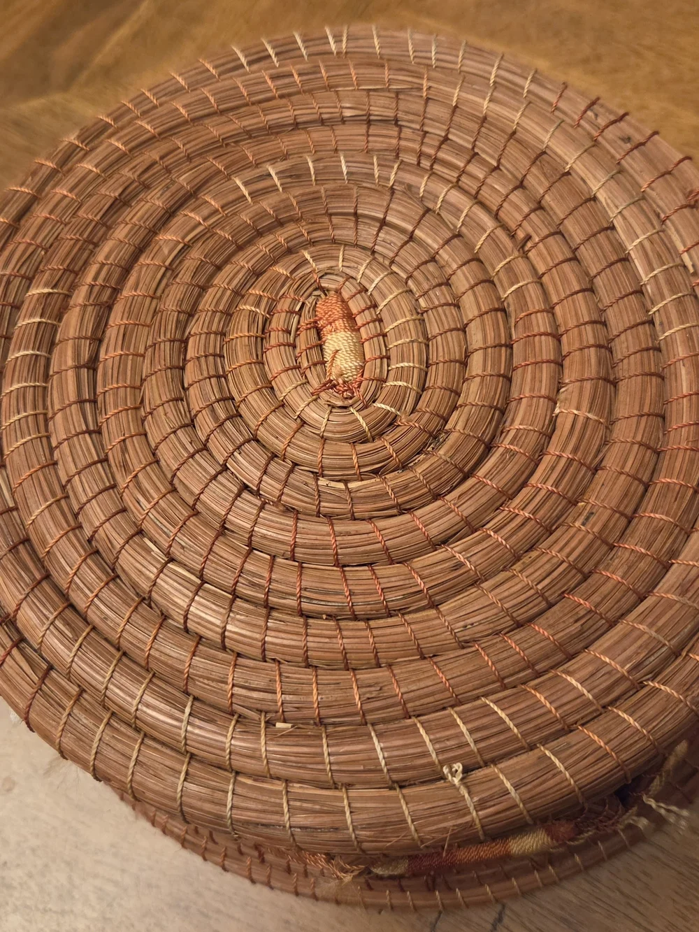 Handcrafted Coiled Pine Needle Basket Openwork Ring Design Boho Folk Art Rustic